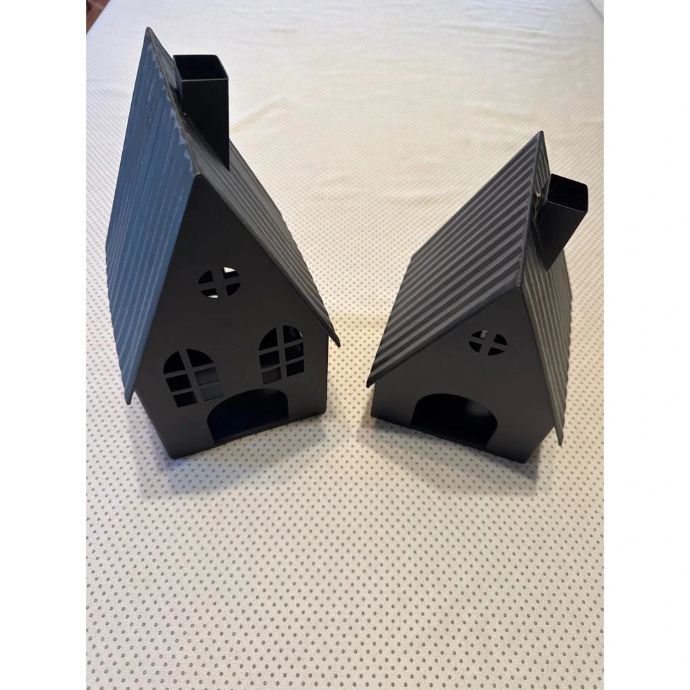Set of 2 Matte Black Metal House Tea Light Holders Halloween Decor